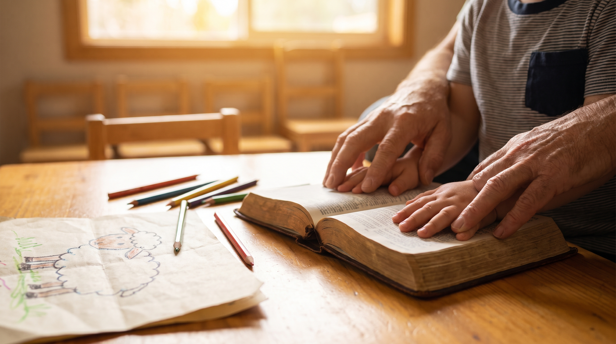 A child's hands and an adult's hands resting on an open Bible in a sunlit classroom with a crayon drawing of a sheep nearby