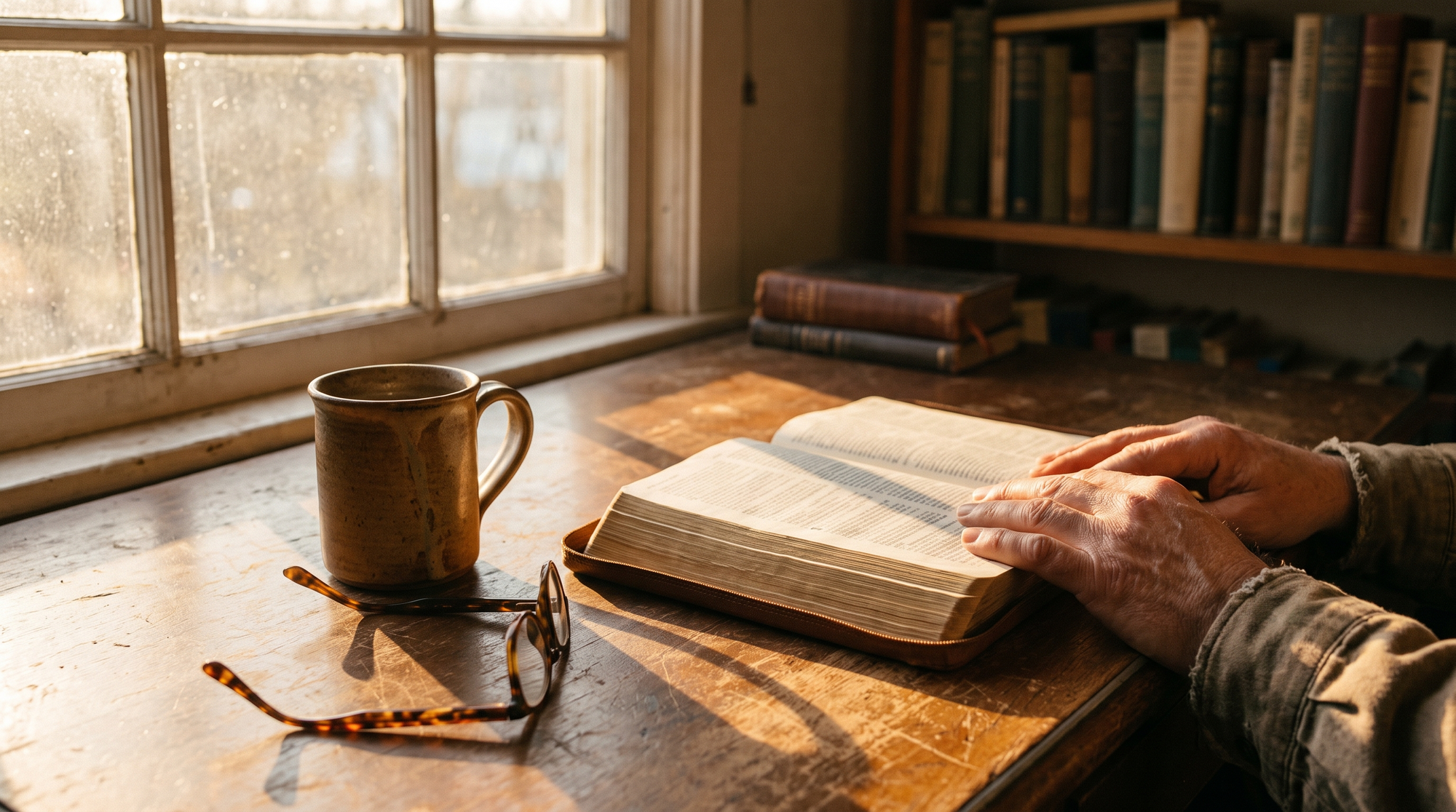An open Bible on a wooden desk in warm morning light beside a mug and reading glasses