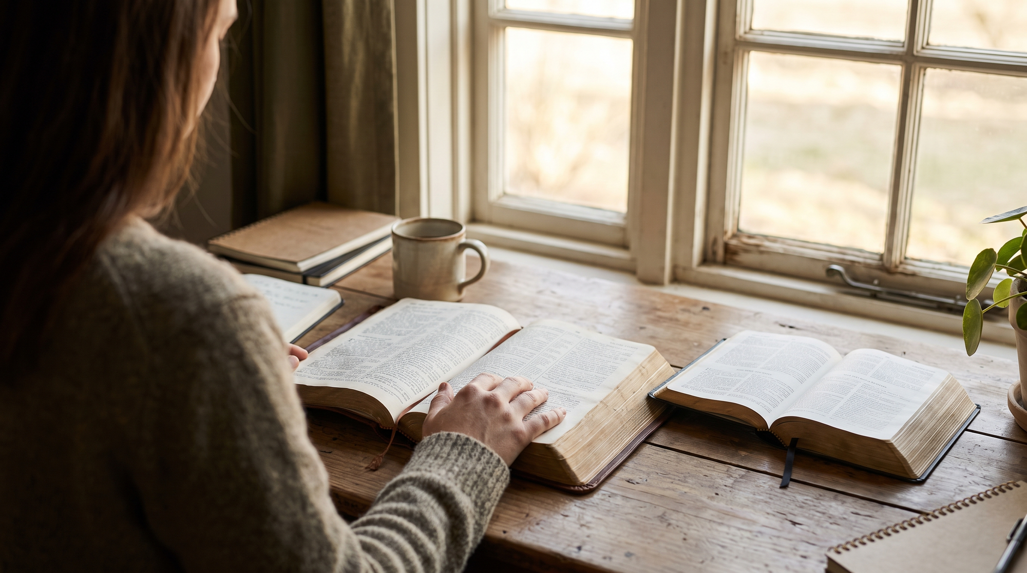 Person reading an open Bible at a wooden desk by a sunlit window with a second translation open beside it