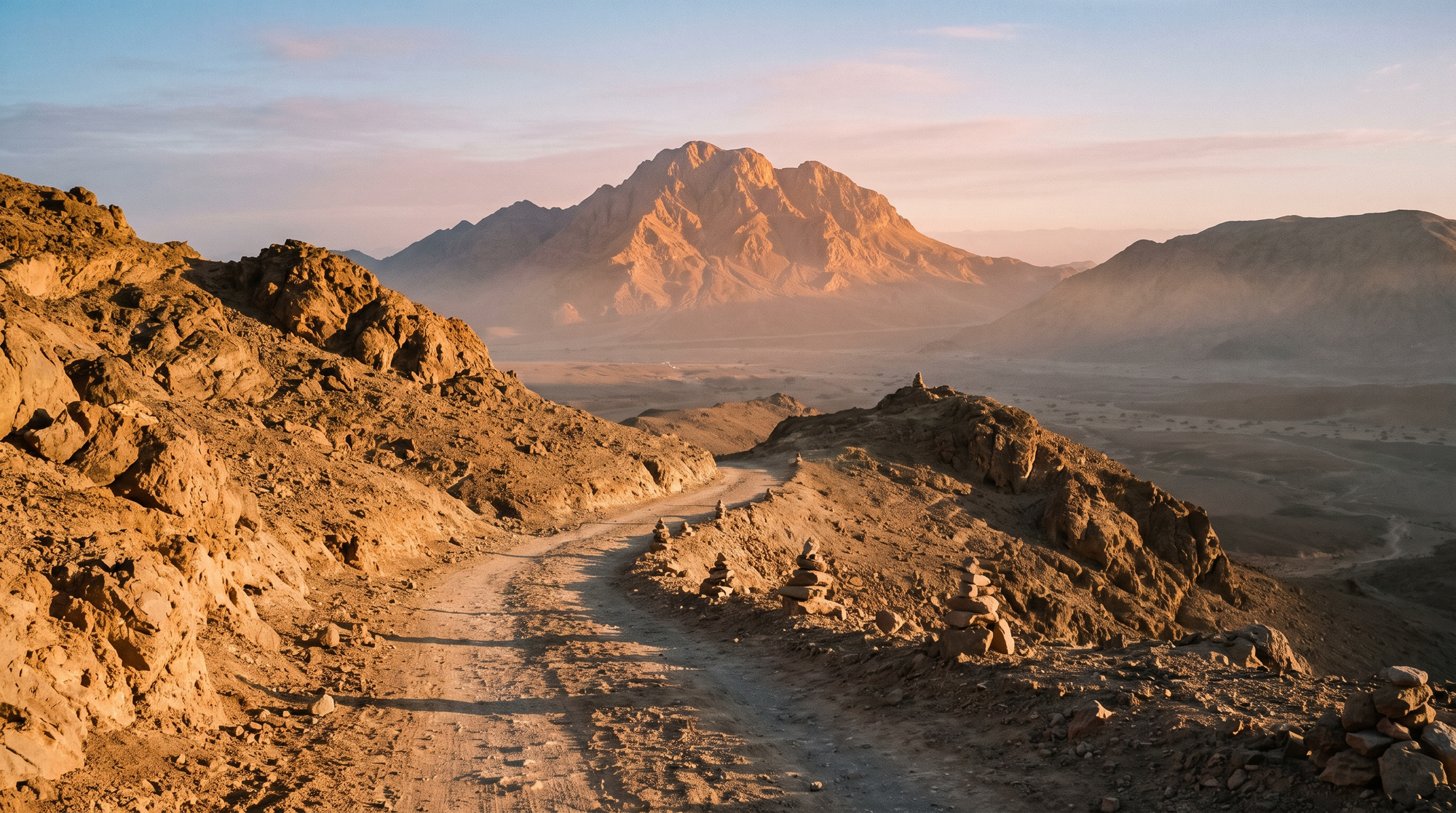 A desert path winding toward a distant mountain glowing in golden dawn light