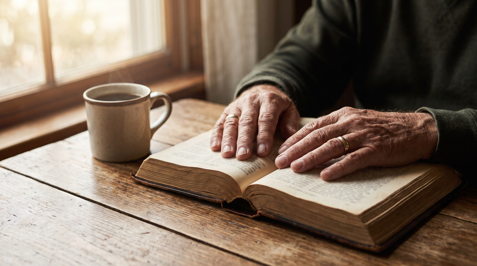 Weathered hands resting on an open Bible beside a coffee mug in warm morning light