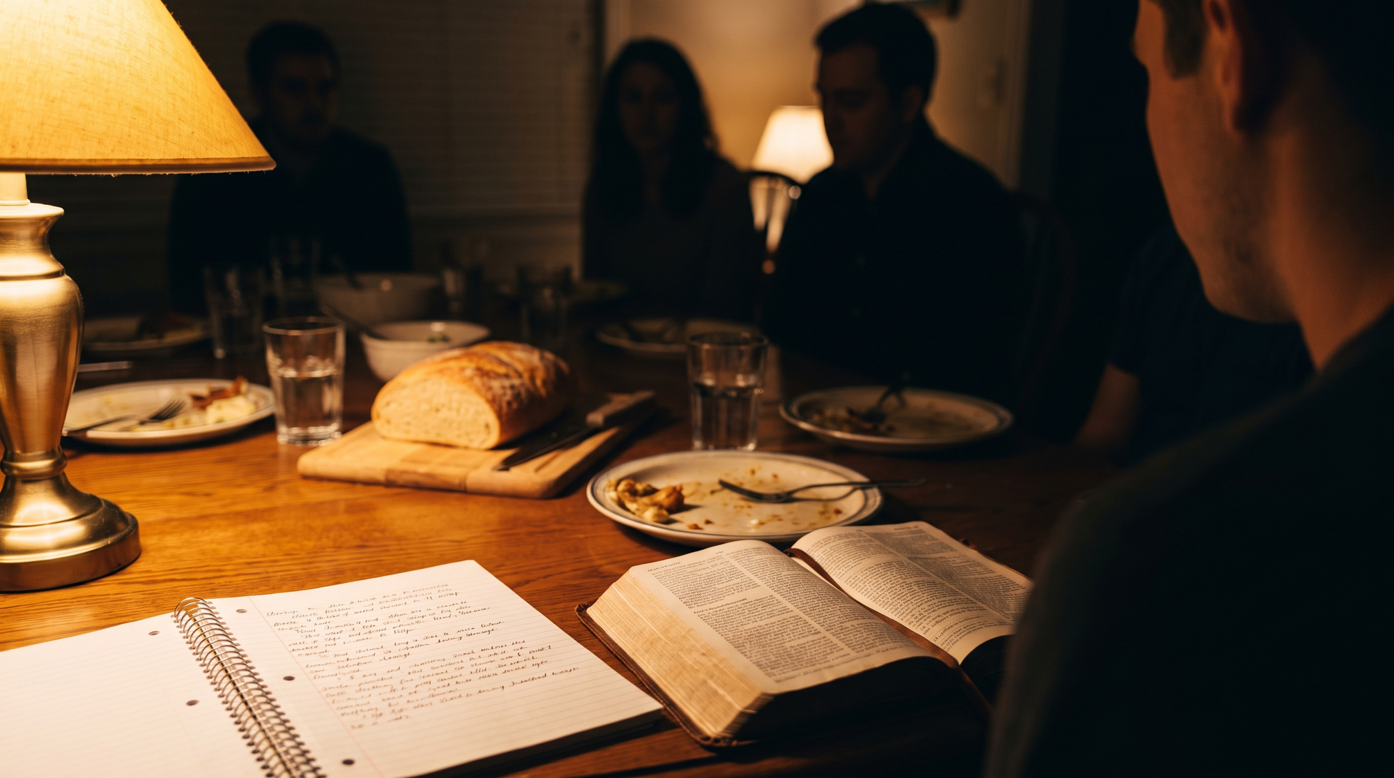 An open Bible and handwritten notebook on a family dinner table, softly blurred family in the background