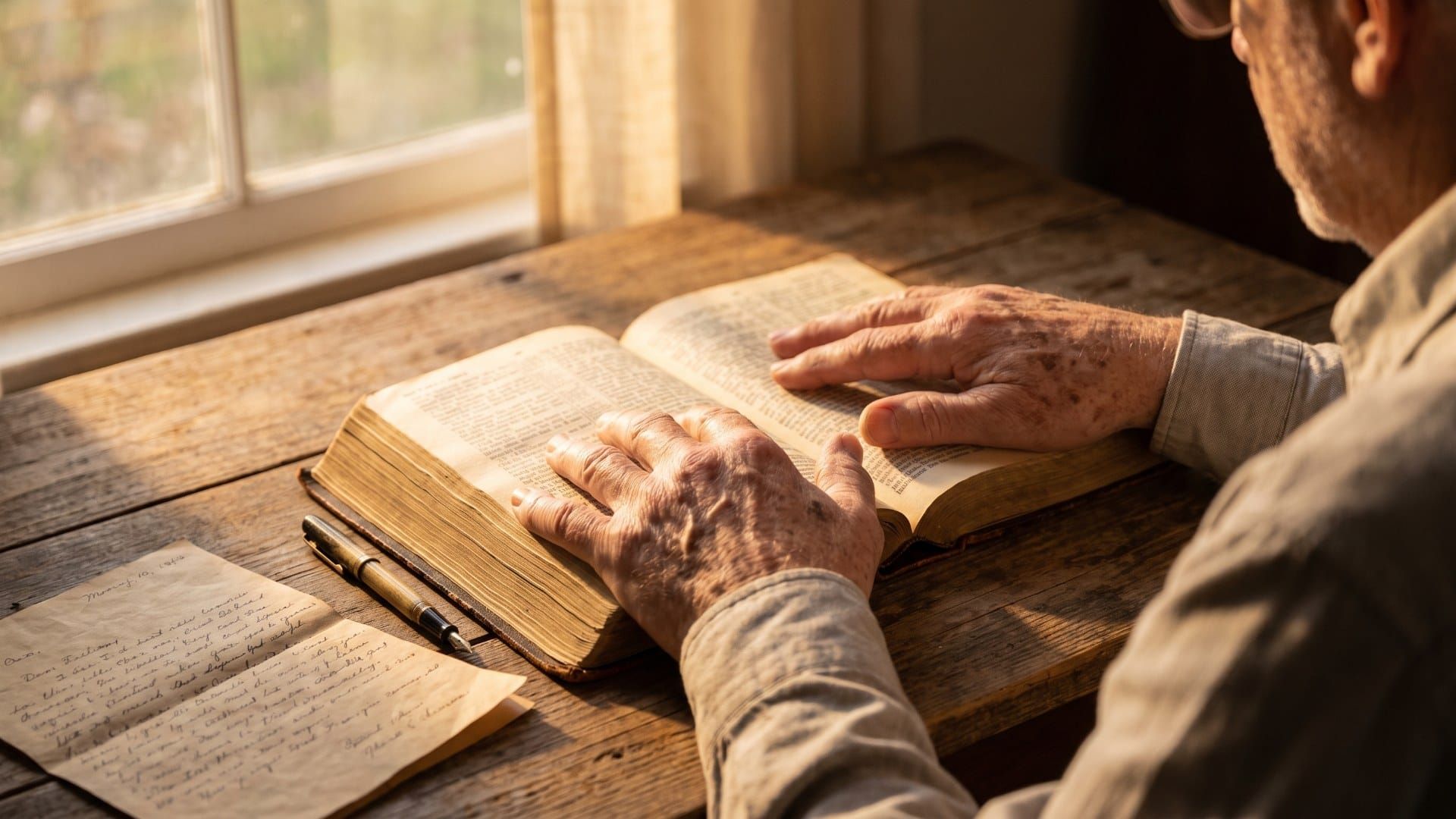 An older man's hands resting on an open Bible beside a handwritten letter in warm window light