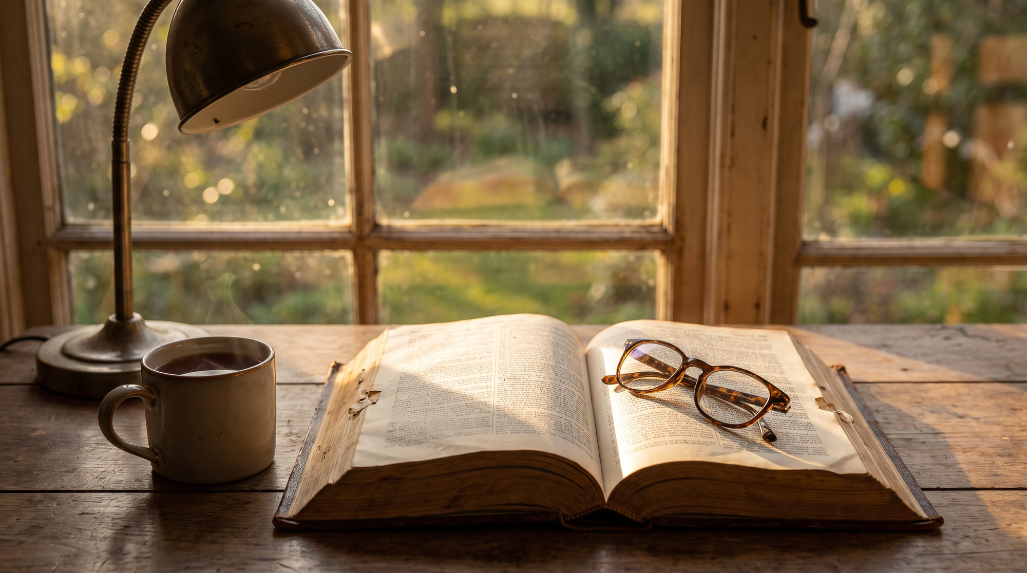 An open Bible on a wooden table in warm afternoon light beside a window