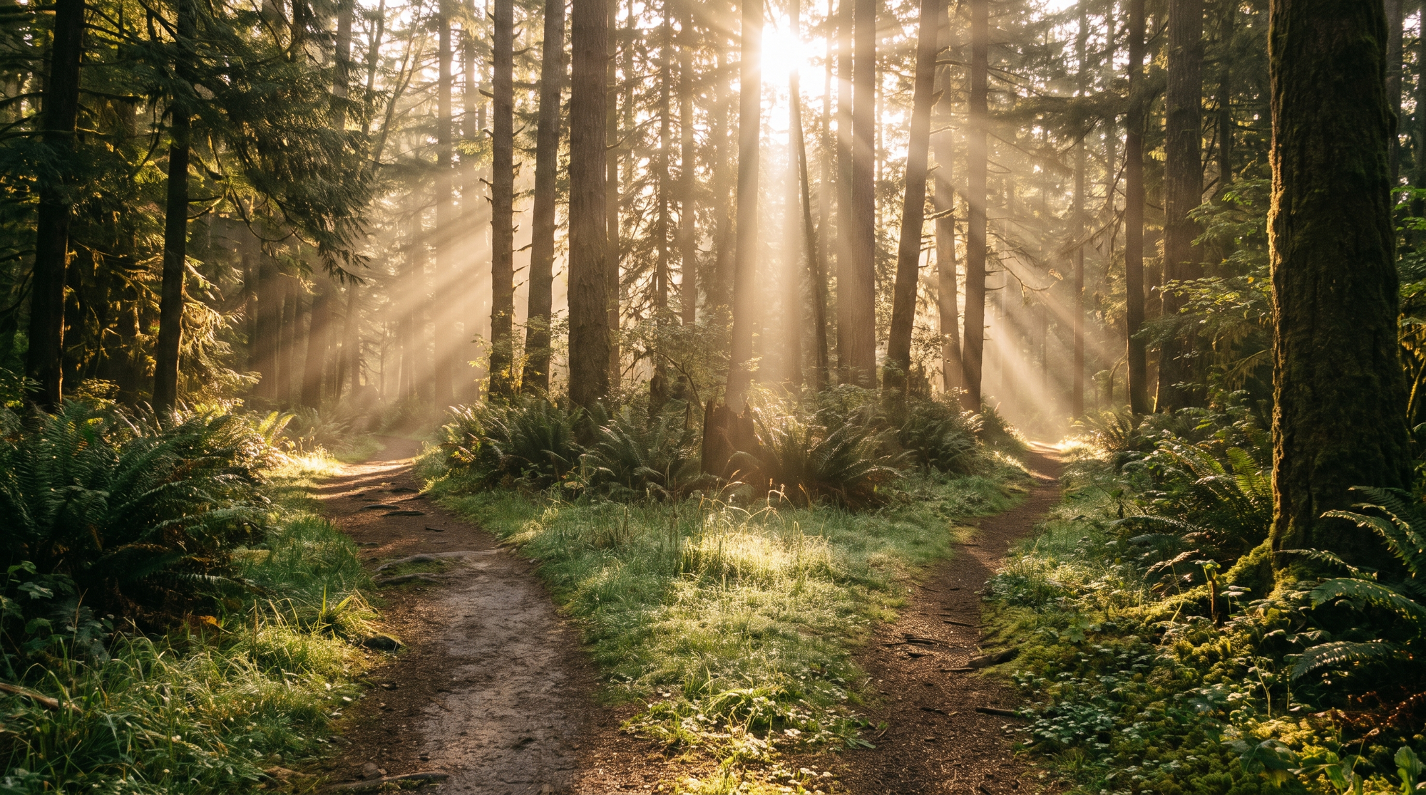 A forked path in a misty forest lit by warm morning sunlight