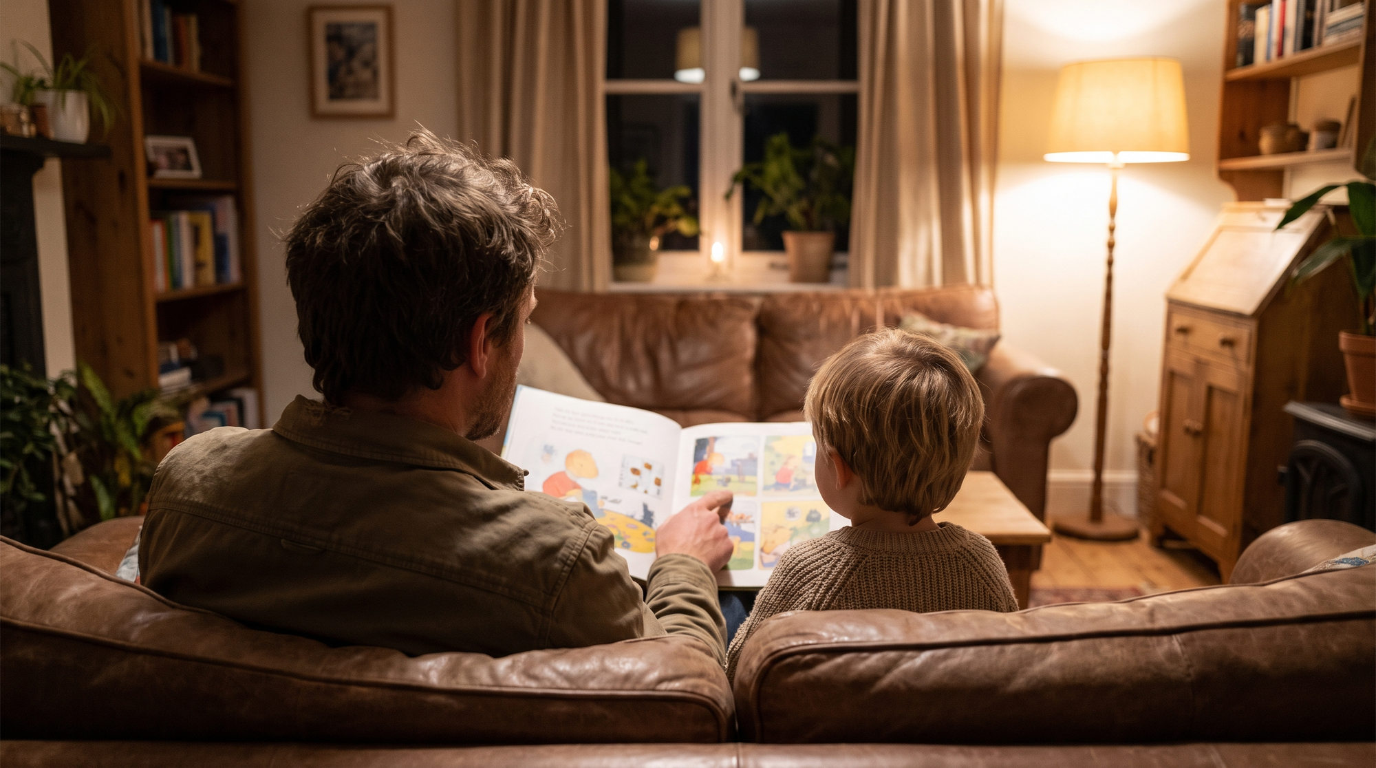 A parent and child seen from behind reading an open Bible together on a couch in warm lamplight