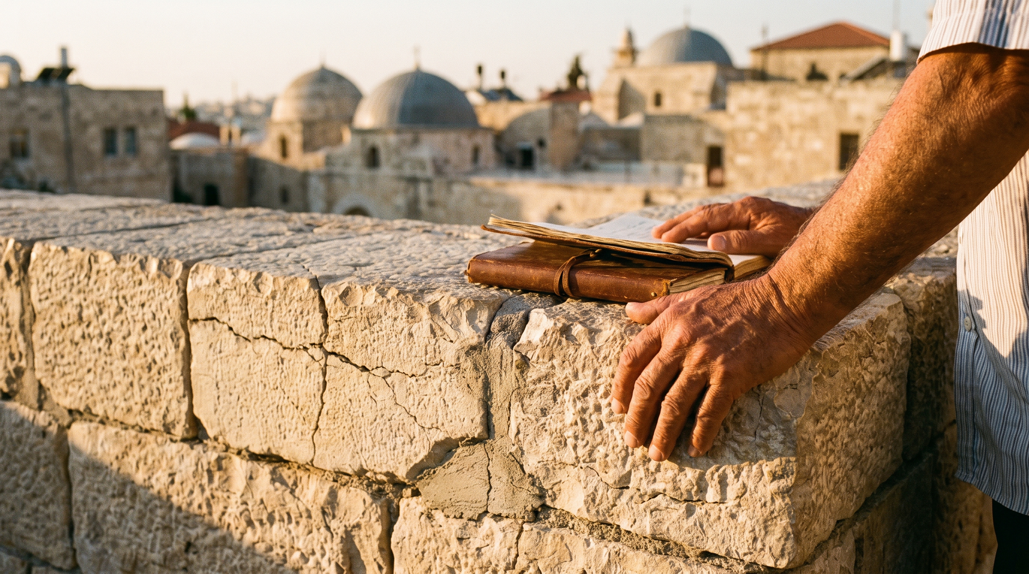 Weathered hands resting on an ancient stone wall beside an open book, with old city rooftops in the background
