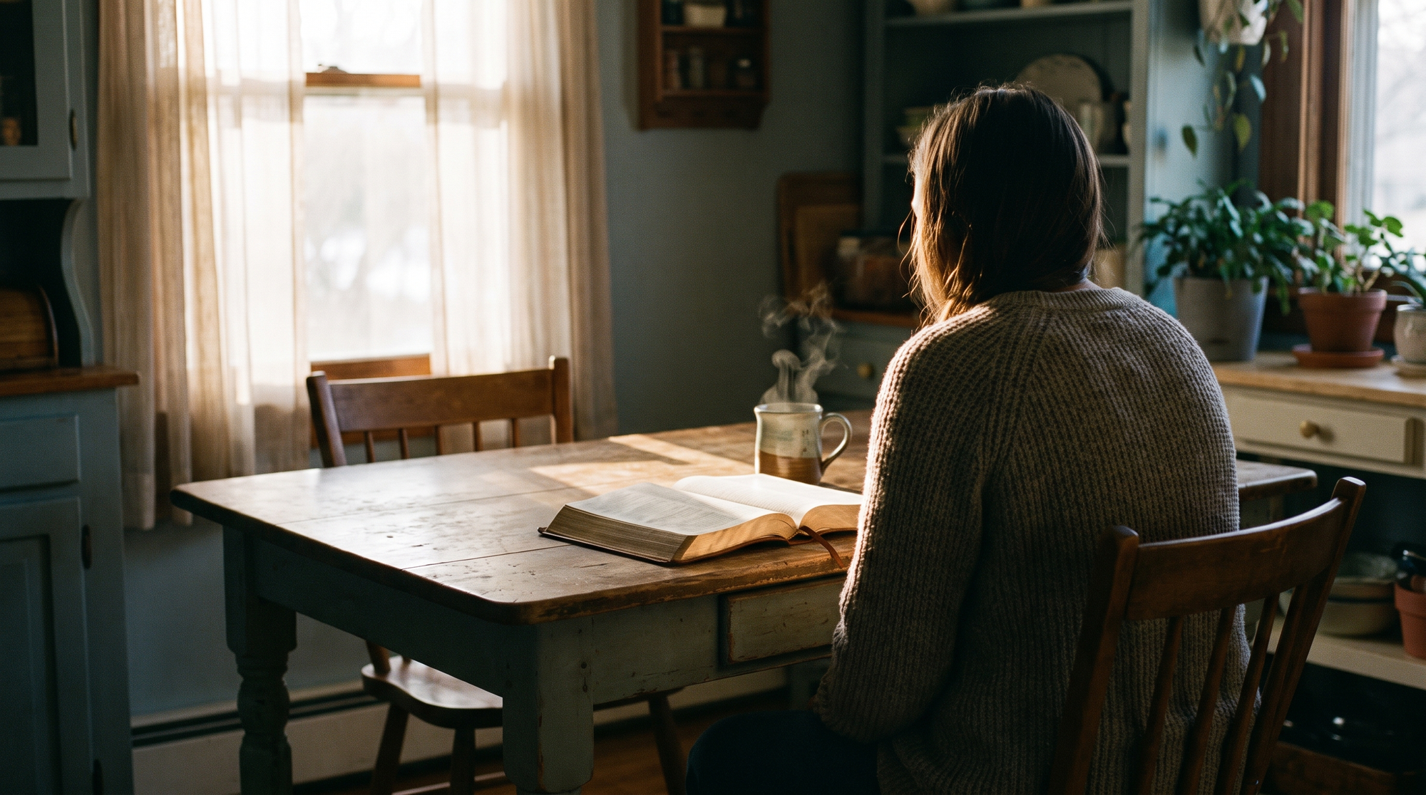 A person seated alone at a kitchen table with an open Bible and a cup of coffee in warm morning light
