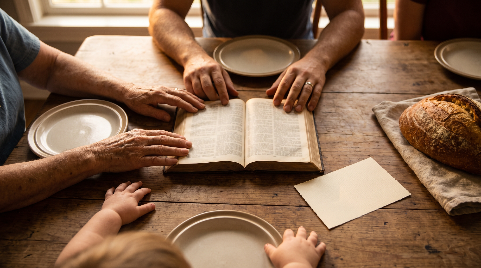 Hands of a child, an adult, and an elderly person gathered around an open Bible on a wooden dinner table
