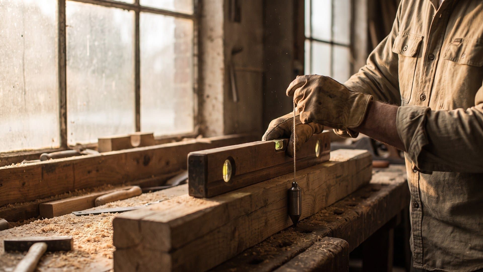 A craftsman's gloved hands checking a wooden beam with a level and plumb line in a sunlit workshop