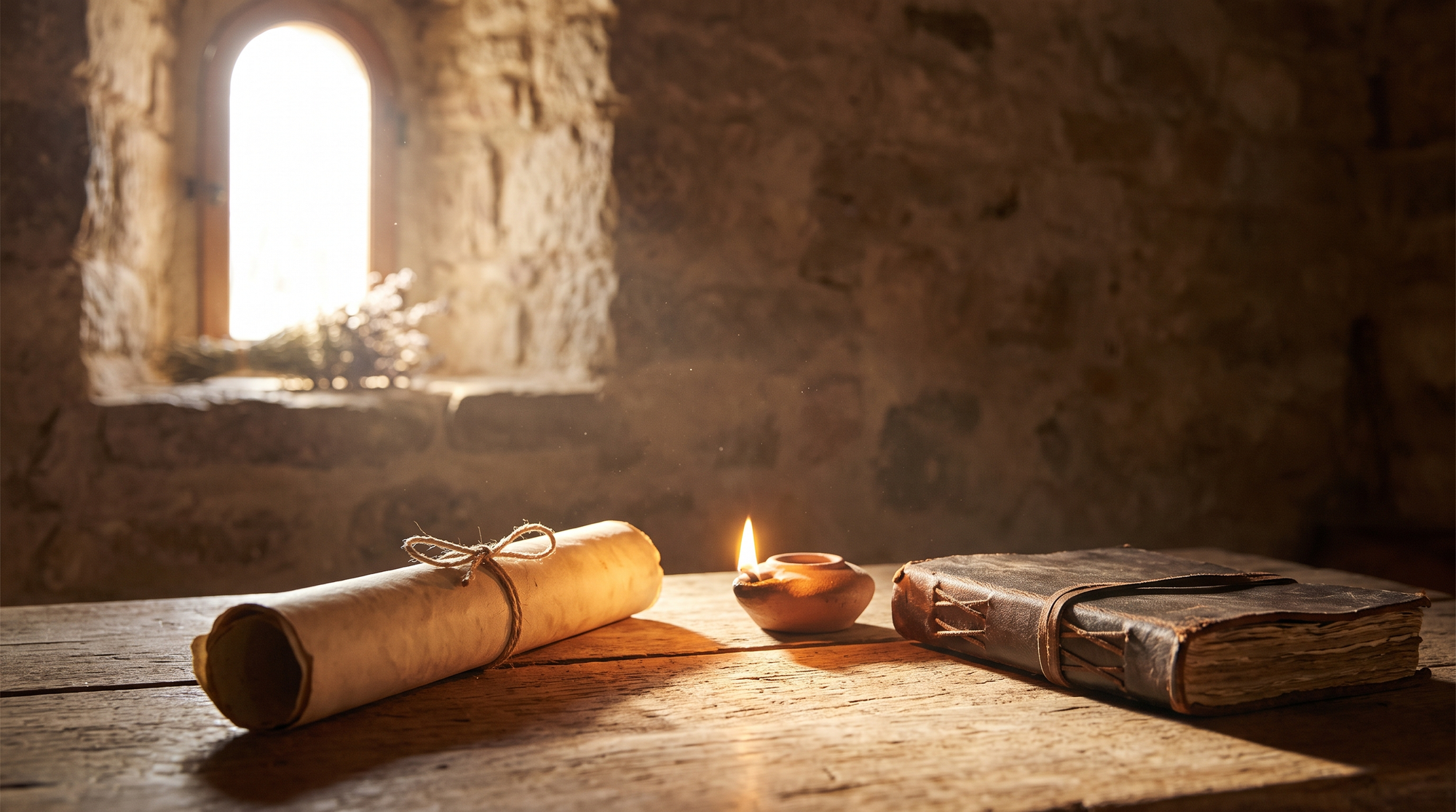 Rolled parchment letter tied with cord beside a small clay oil lamp and a worn leather-bound book on a weathered wooden table, warm morning light through a stone window