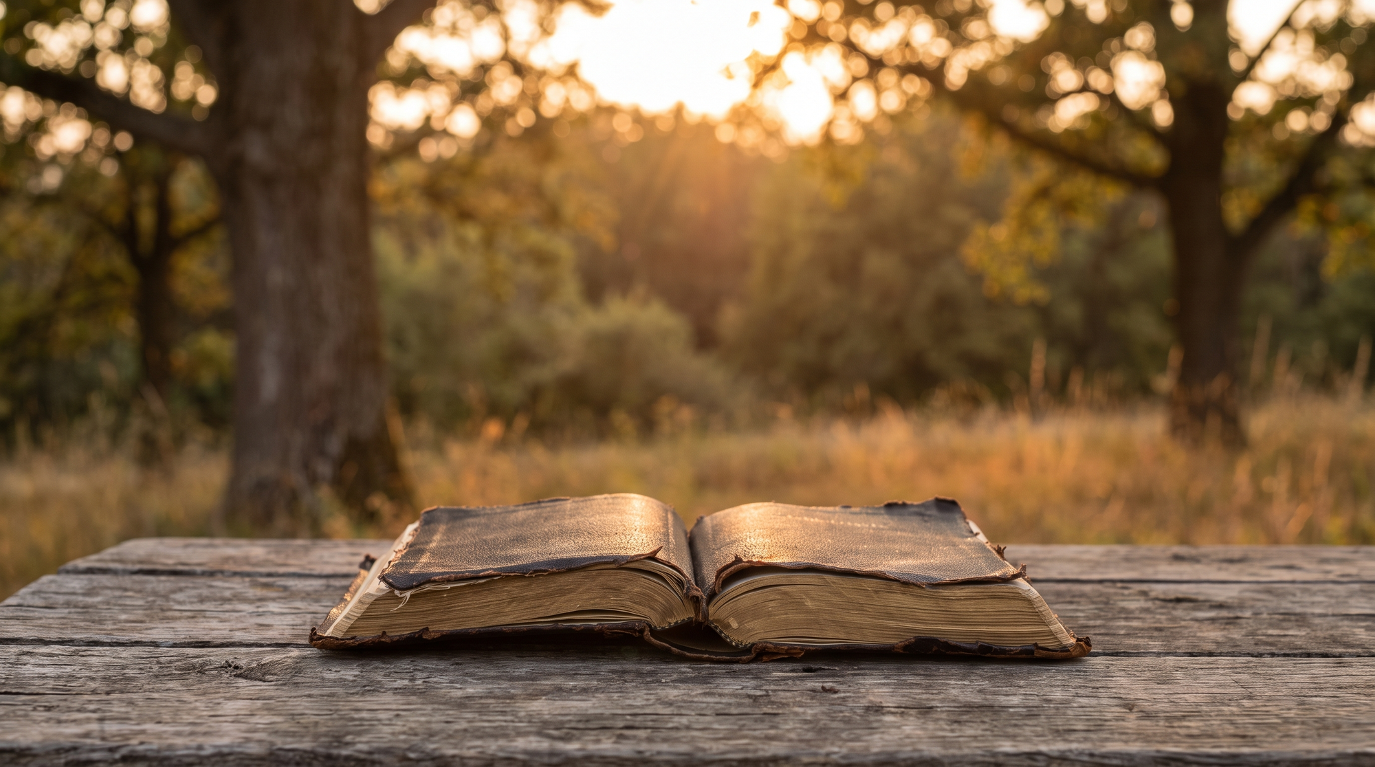 An open, worn Bible resting on a wooden table outdoors at golden hour