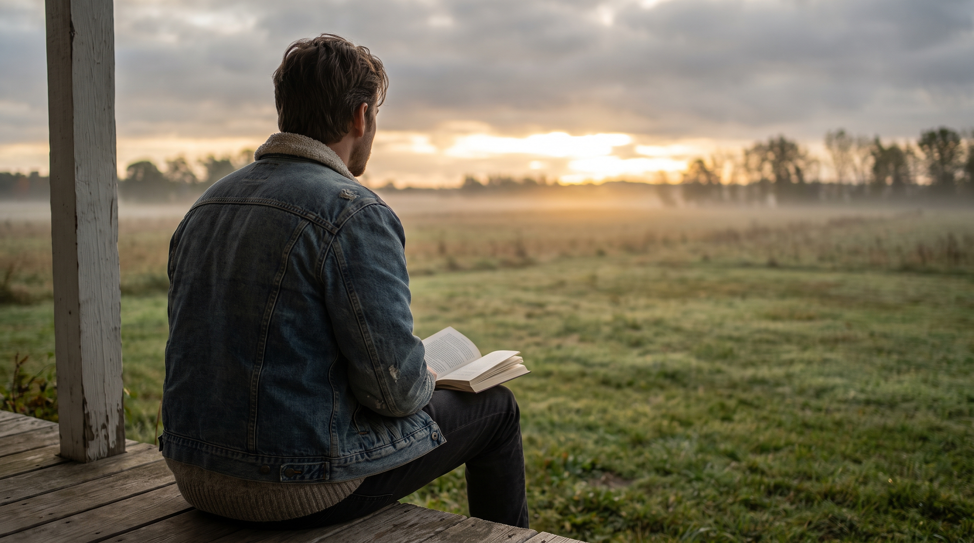 Over-the-shoulder view of a person on a porch step at sunrise with an open Bible on their knee, golden light breaking through clouds over a quiet field
