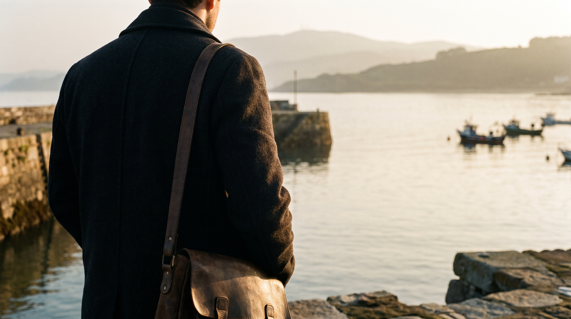 A person in a wool coat seen from behind, looking out over a calm harbor at golden hour