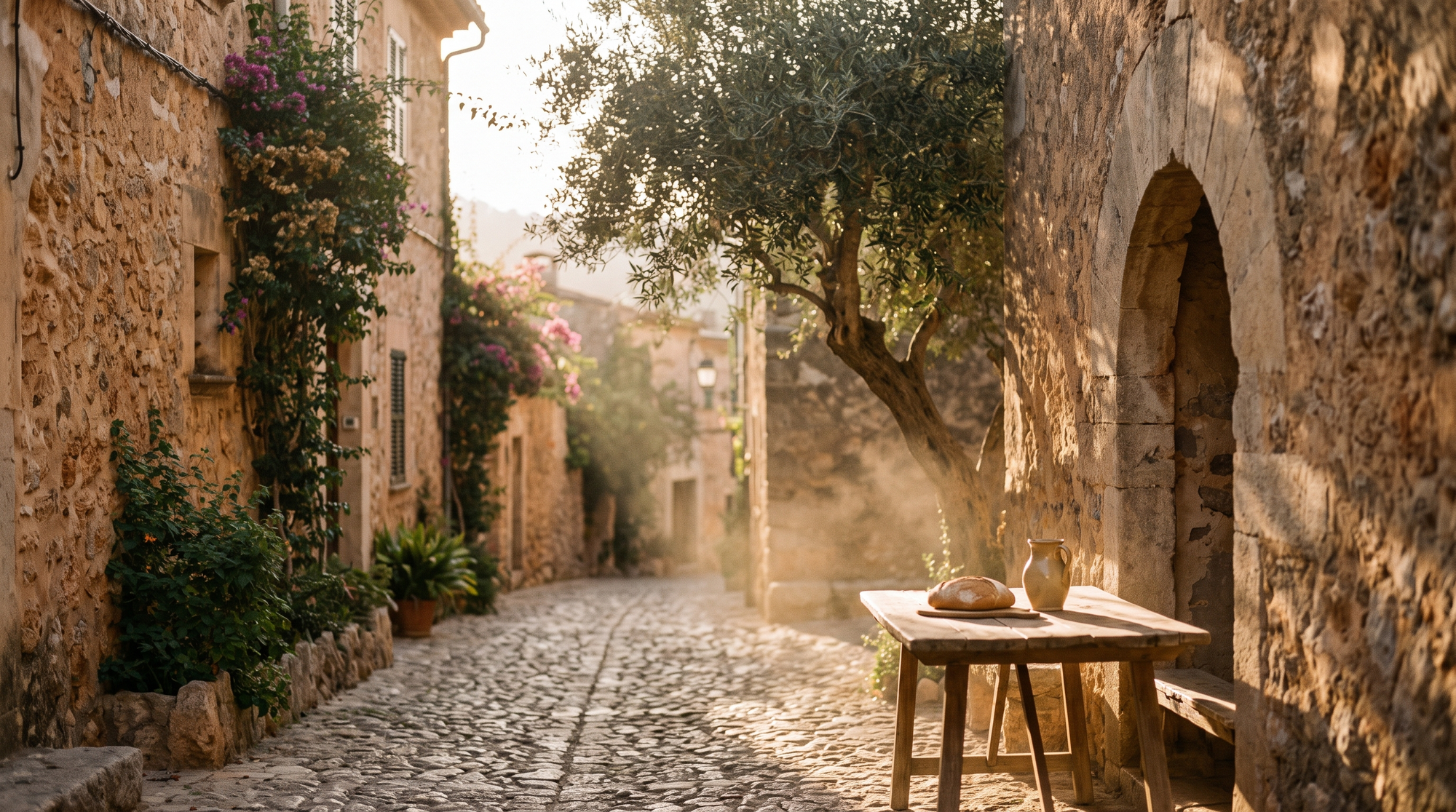 A sunlit stone village lane at golden hour with an olive tree and a wooden table set with bread and a clay pitcher