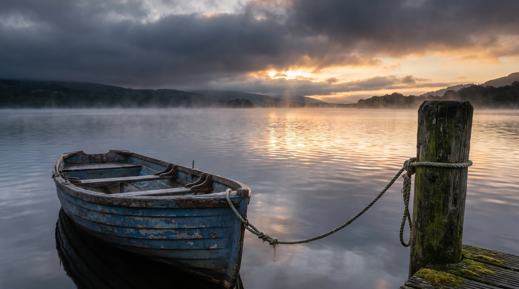 Weathered wooden rowboat tied to an old dock on a still, misty lake at dawn as golden sunrise light breaks through dark storm clouds on the horizon
