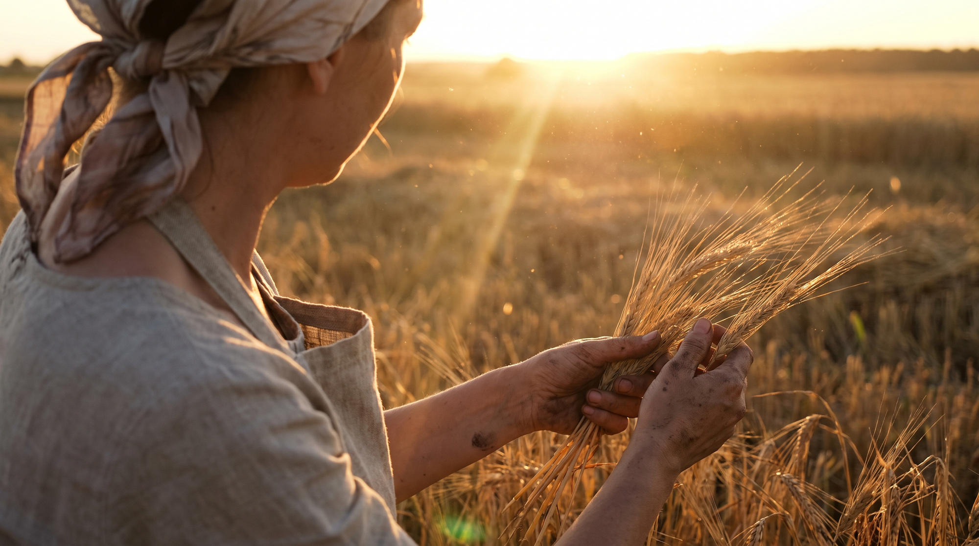 Weathered hands gathering barley stalks in a sunlit field at harvest
