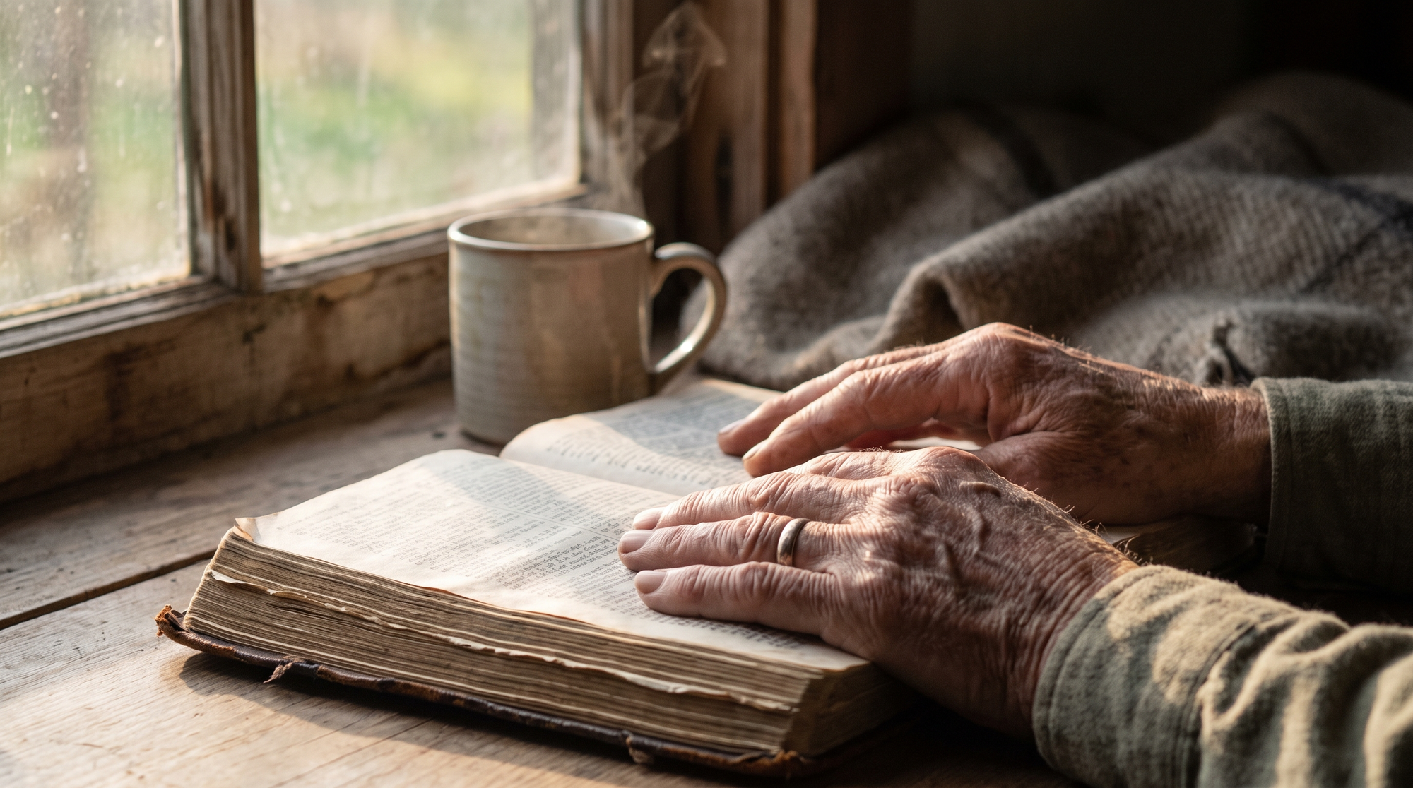 Weathered hands resting on an open Bible beside a window in warm morning light