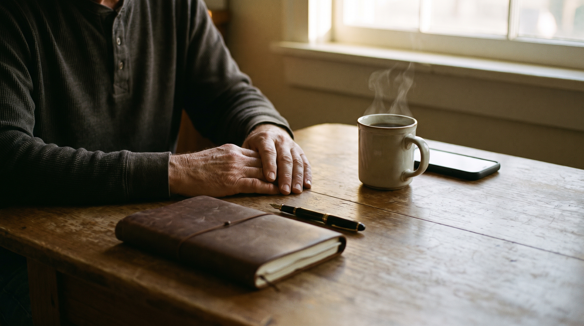 A quiet kitchen table at dawn with a closed journal, a pen, a coffee cup, and a phone turned face down