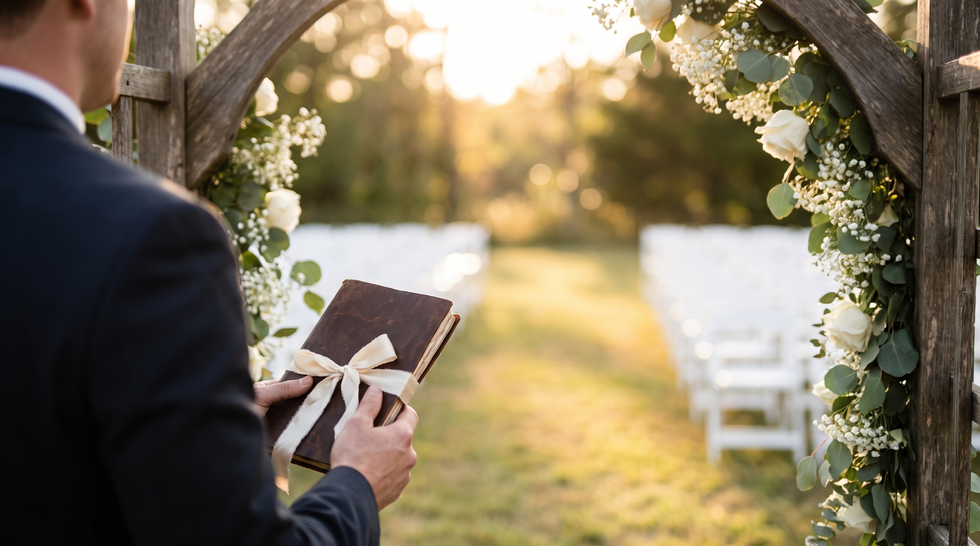 Over-the-shoulder view of an officiant holding a leather-bound book beneath a rustic wooden wedding arbor with white flowers, empty white chairs softly out of focus in golden afternoon light