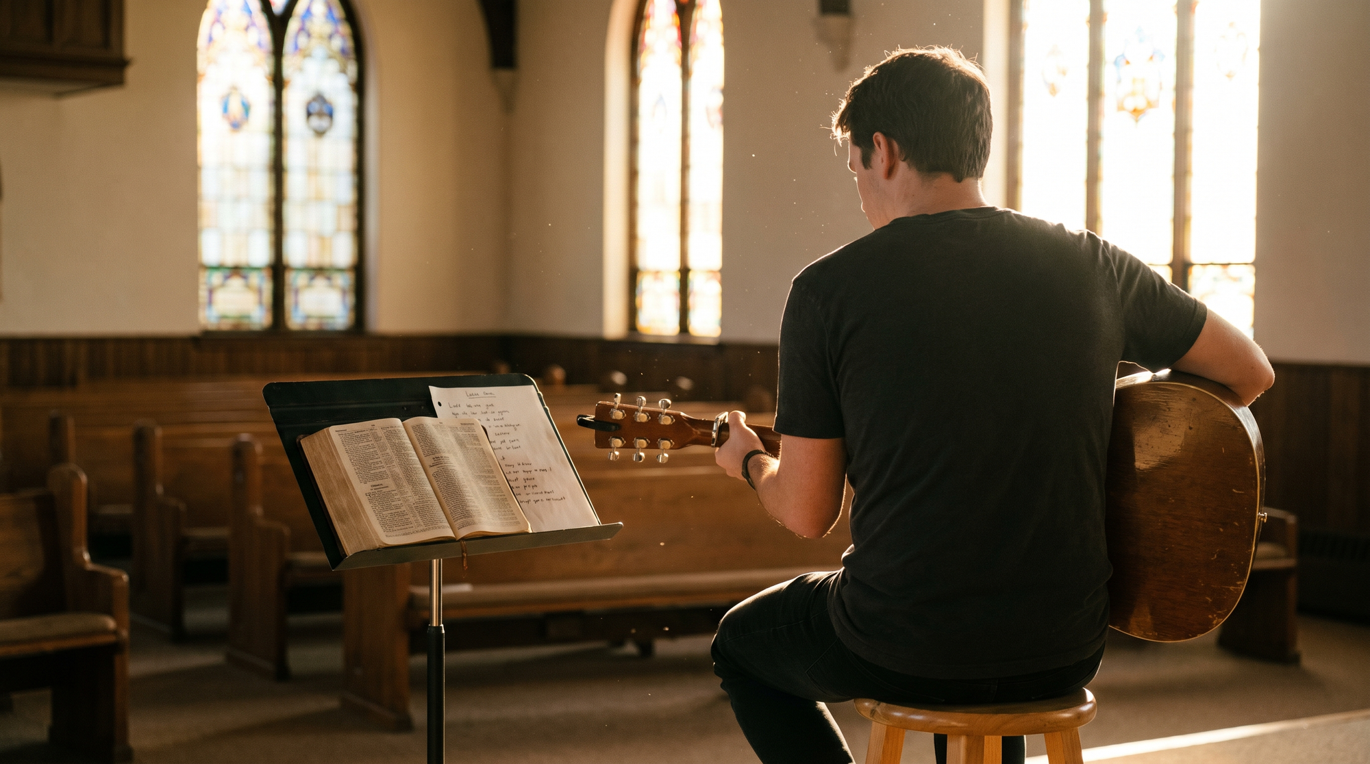 Over-the-shoulder view of a guitarist rehearsing in an empty church sanctuary with an open Bible and lyric sheet on a music stand
