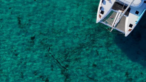 Aerial view of catamaran on clear water