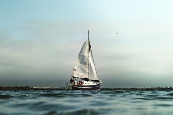A white and black sailboat resting on calm water under a soft sky.