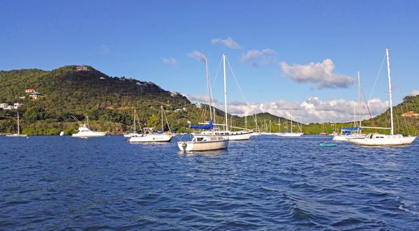 Sailboats and a catamaran at anchor in a green-hilled Caribbean bay