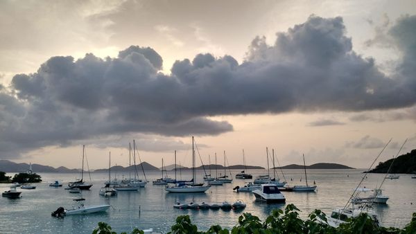 Sailboats lying to their anchors in a calm anchorage