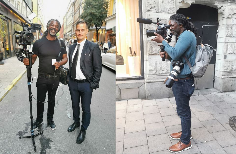 Two behind-the-scenes photographs of Kevan Smith with professional video equipment while filming an expert in Stockholm.