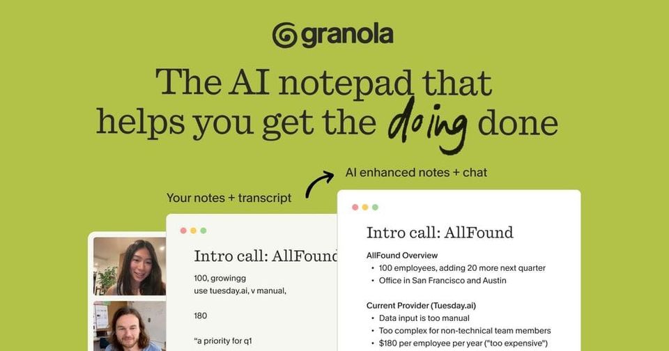 Granola graphic showing a video call, rough notes and a transcript being turned into AI-enhanced meeting notes.