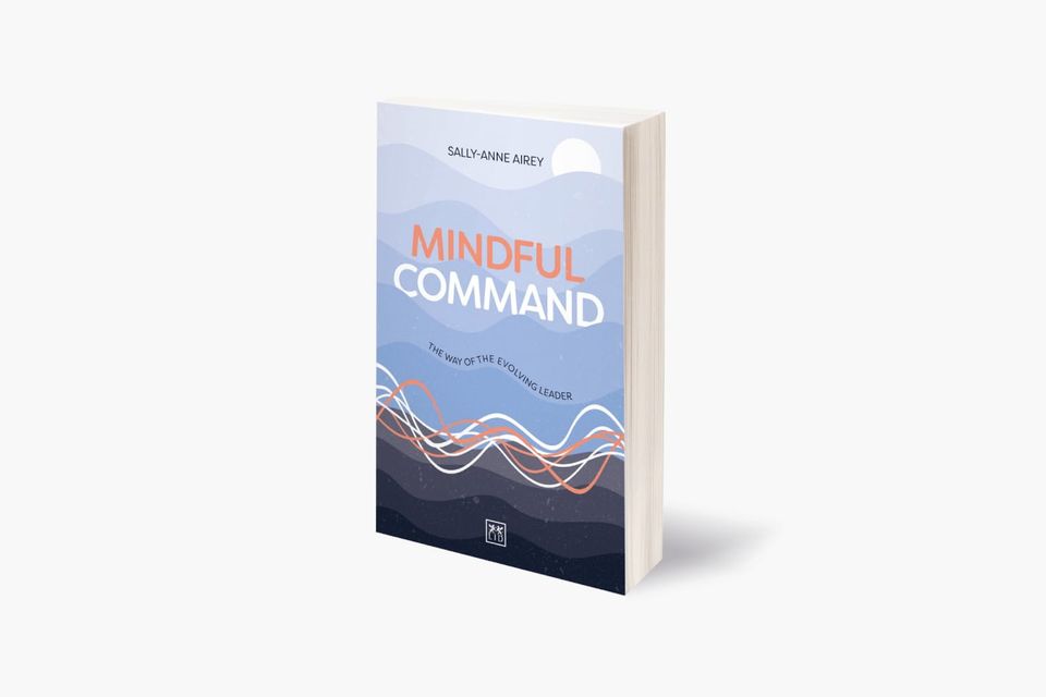 Three-dimensional paperback mock-up of Mindful Command by Sally-Anne Airey, with a blue, white and orange wave-patterned cover.