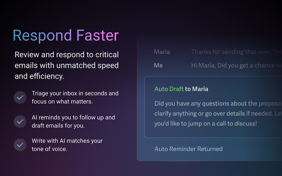 Superhuman graphic showing an AI-generated follow-up email draft alongside text about inbox triage, reminders and tone-matched writing.