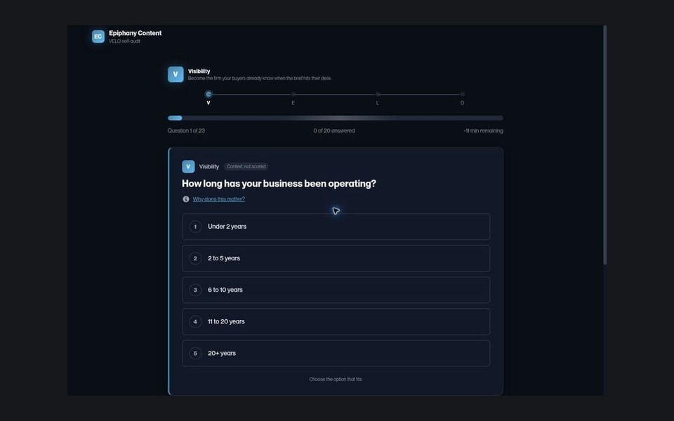 The Epiphany VELO self-audit question interface showing the Visibility stage, V–E–L–O progress line and five business-age response options.