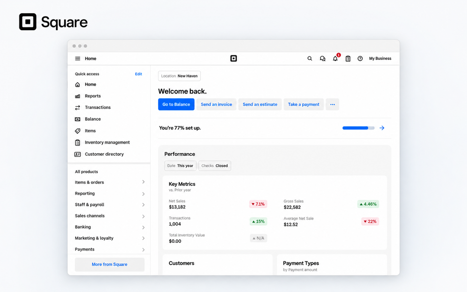 Square-branded dashboard showing business performance and transactions.