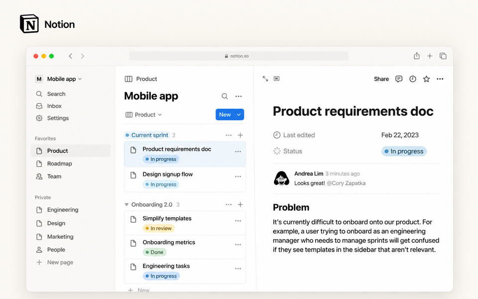 Notion workspace with project database, sidebar and product requirements document.