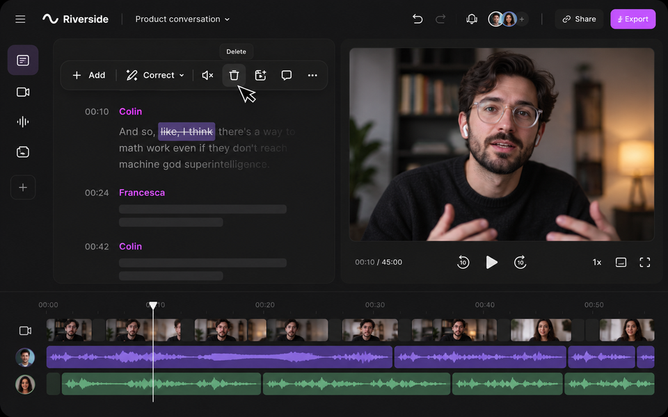 Illustration of the Riverside video editor with transcript, video preview and timeline.