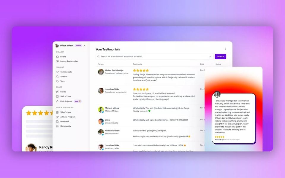 Senja testimonial dashboard and review widgets on a purple and pink background.