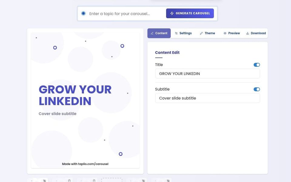 Taplio’s LinkedIn Carousel Generator showing a sample cover slide and content editor.