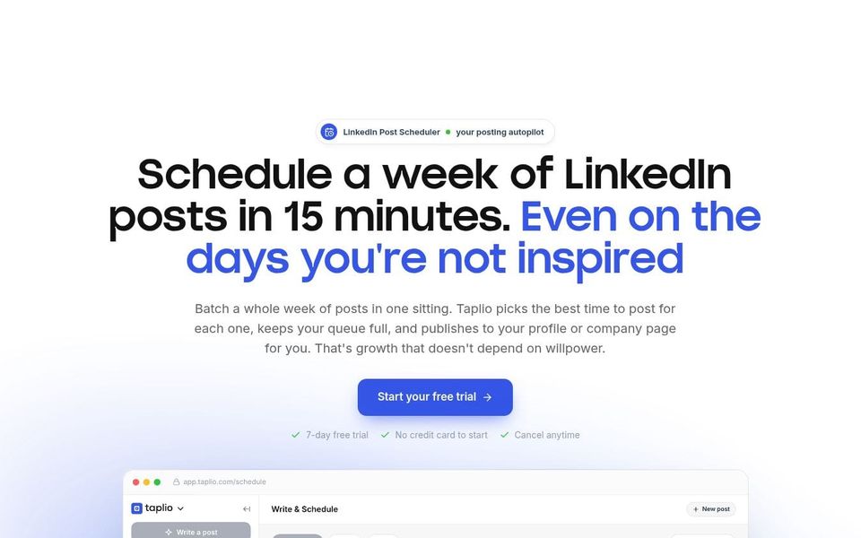 Taplio scheduling page showing a visual queue of LinkedIn posts.
