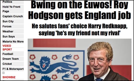 Sun Roy Hodgson headline