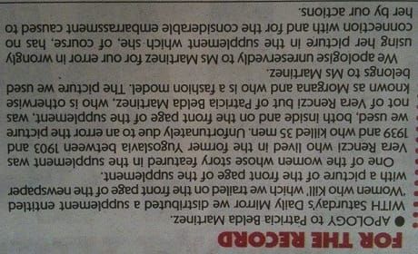 Mirror apologises for 'Women who Kill' model photo mix-up