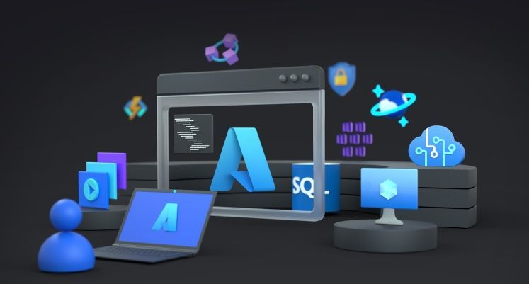 Graphic depicting cartoon person in front of laptop with several different azure service icons depicted in mid-air.