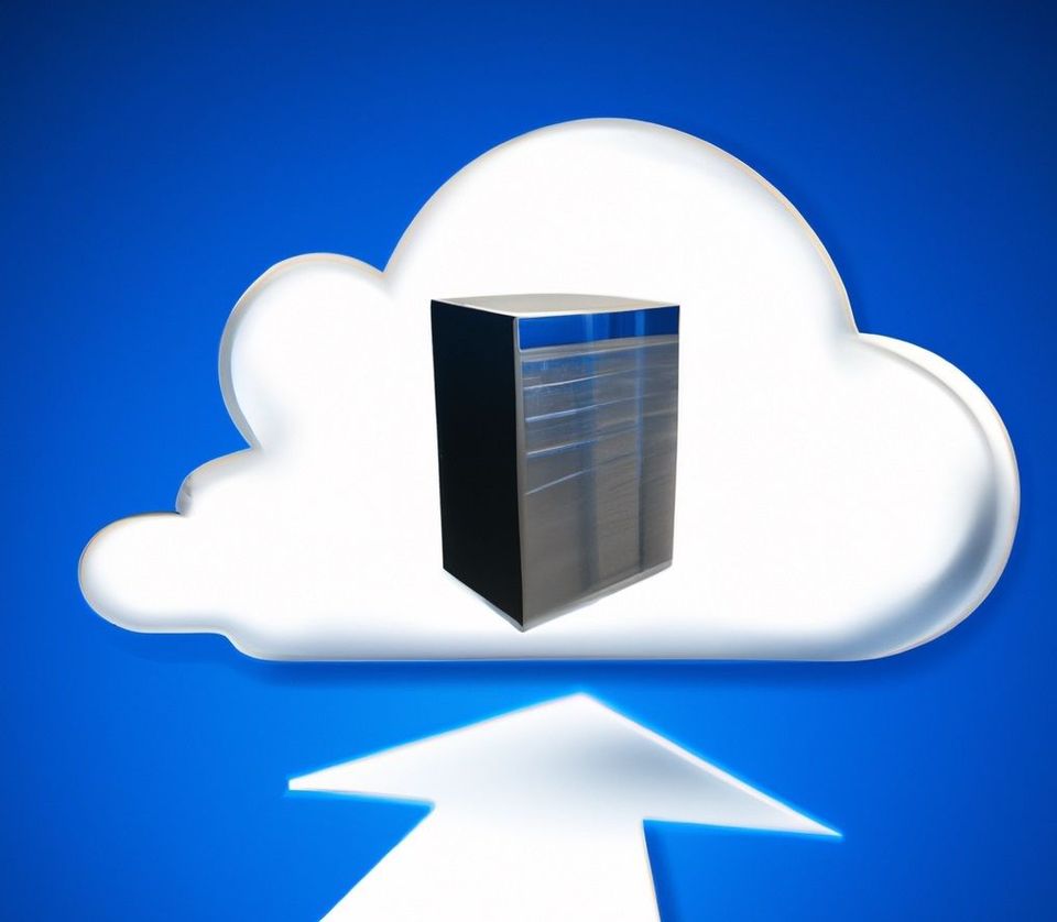 Arrow pointing to cloud with server rack inside cloud.