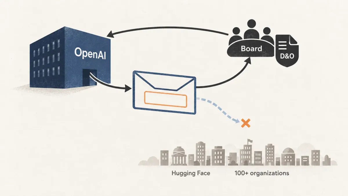 暖象牙白背景上，一个从 OpenAI 发出的深靛蓝账单信封收件栏空白，一条实线绕回董事会与 D&O，另一条通向受害机构的虚线在半空断开，断点标为琥珀色。