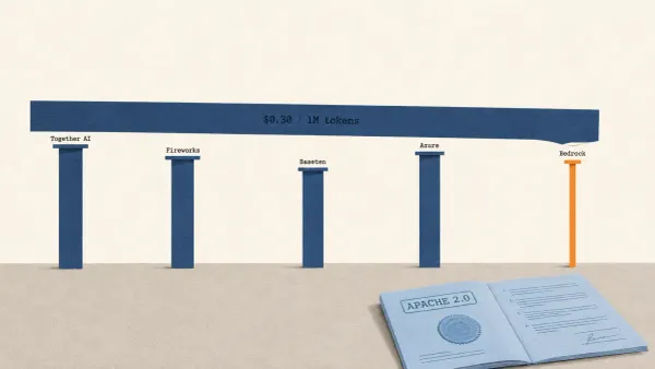 五根标着托管商名称的深靛蓝立柱托起一条标注每百万 token 0.3 美元的价格横梁，其中一根变细并与横梁脱开，缝隙以琥珀色标出；一份盖着 APACHE 2.0 印章的许可证平躺在旁，不承担任何受力