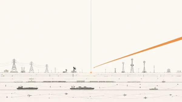 一条极细的卫星信号线从太空穿越两万公里抵达地面基础设施层，一道更强的侧方信号即将将其淹没-—GPS 脆弱性的视觉隐喻