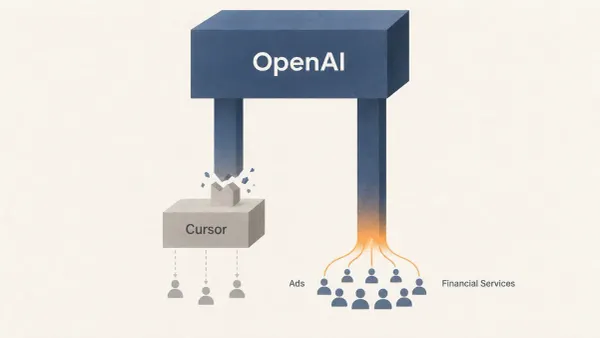 OpenAI 位于画面中央，两条等宽路径分别连接 API 中间层与终端用户；中间层一侧逐渐断裂灰化，终端用户一侧以琥珀色高亮，表现 OpenAI 对两类客户关系的不同选择