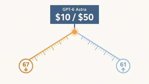 一块标示 GPT-6 Astra $10/$50 的深靛蓝价格板居中，下方分叉为两条度量刻度：左侧琥珀色刻度指向编程评测 67 分与下行的任务成本，右侧浅靛蓝刻度指向智能评测 61 分与上行的任务成本，分叉点用琥珀色强调