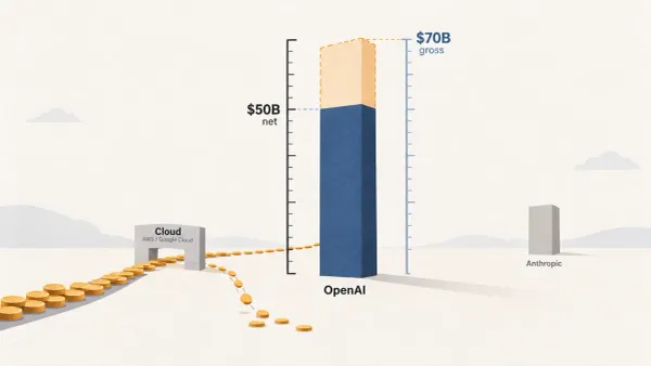 一根标着 OpenAI 的收入柱，靛蓝部分到 500 亿美元，上方琥珀色部分延伸到 700 亿美元，两侧刻度尺分别标注净额与全额，左下方资金经云平台闸口流入。